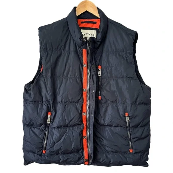 Orvis Down Puffer Vest Navy Orange Full Zip Snap Front Pockets Men’s Size XL - Picture 3 of 7